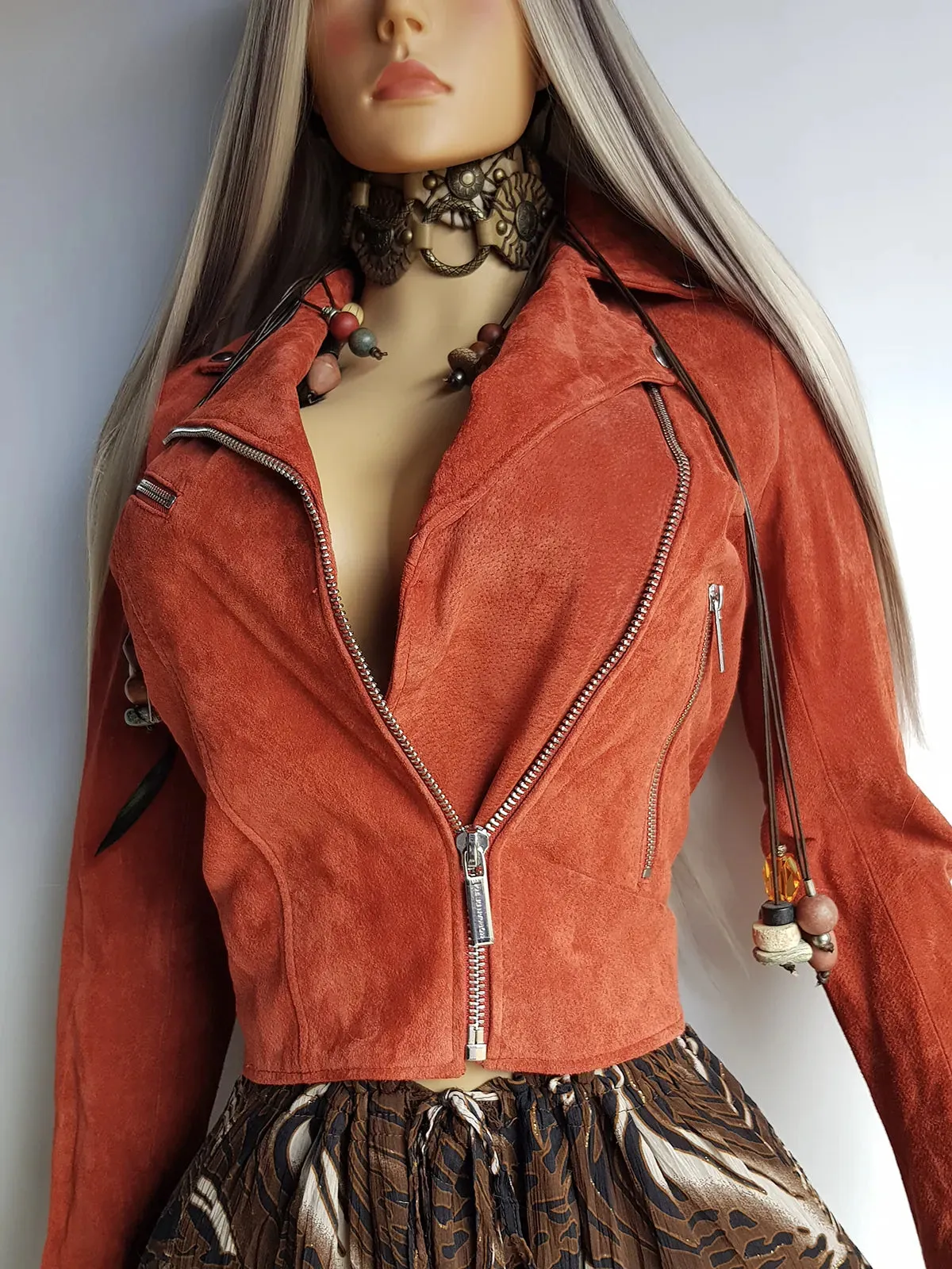 100% Genuine Suede Motorcycle Jacket in Rust Red - Silver Hardware - multiple zippers and pockets - wear multiple ways