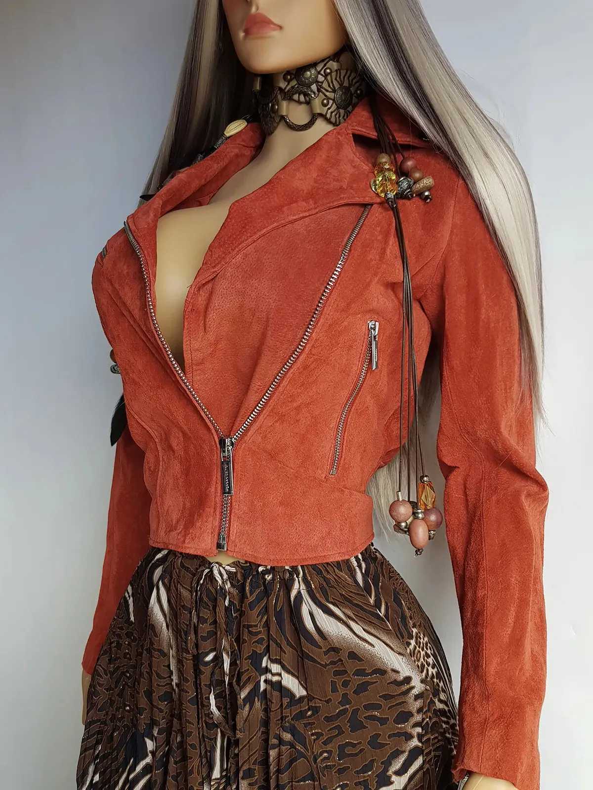 100% Genuine Suede Motorcycle Jacket in Rust Red - Silver Hardware - multiple zippers and pockets - wear multiple ways