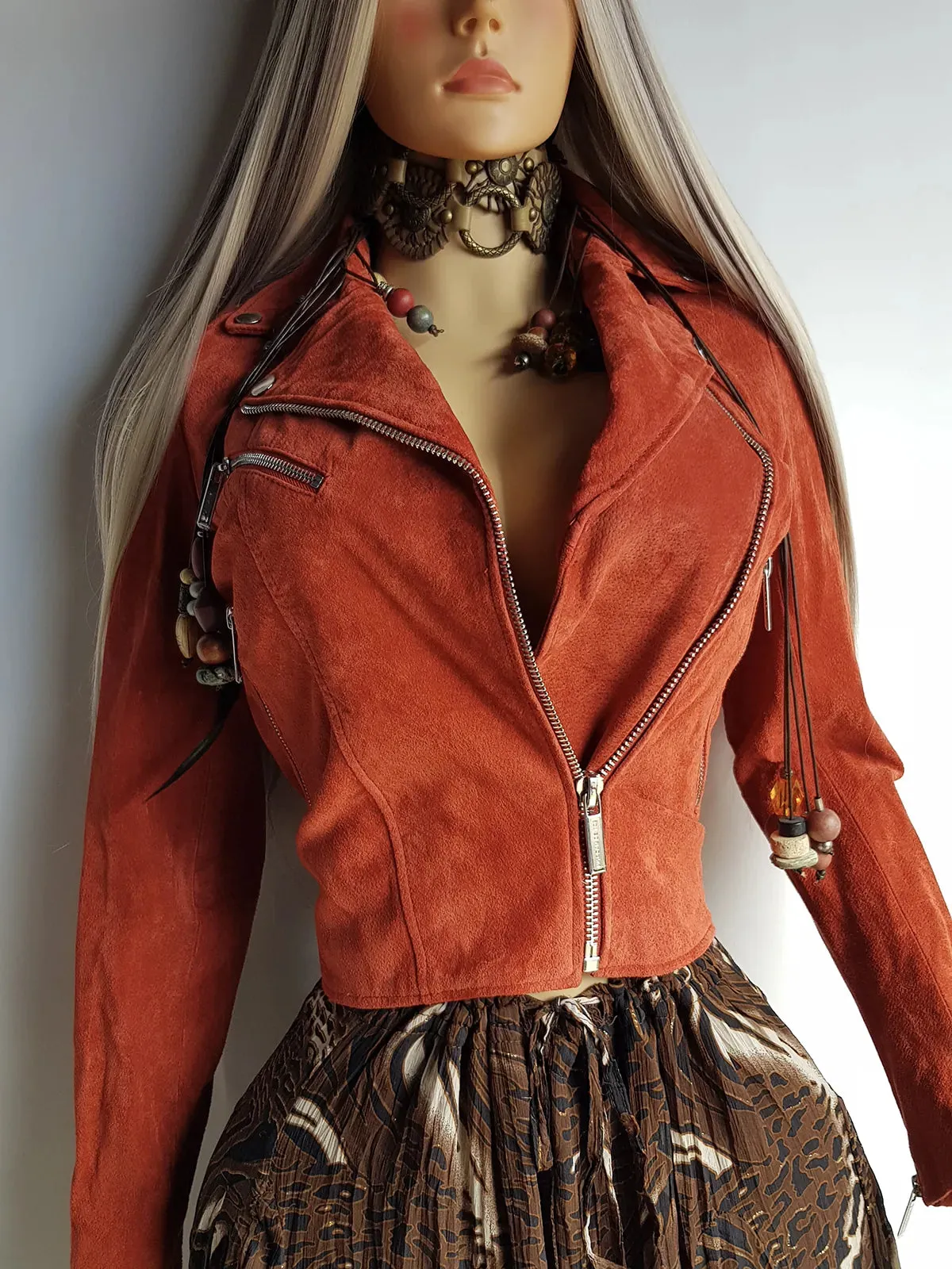 100% Genuine Suede Motorcycle Jacket in Rust Red - Silver Hardware - multiple zippers and pockets - wear multiple ways