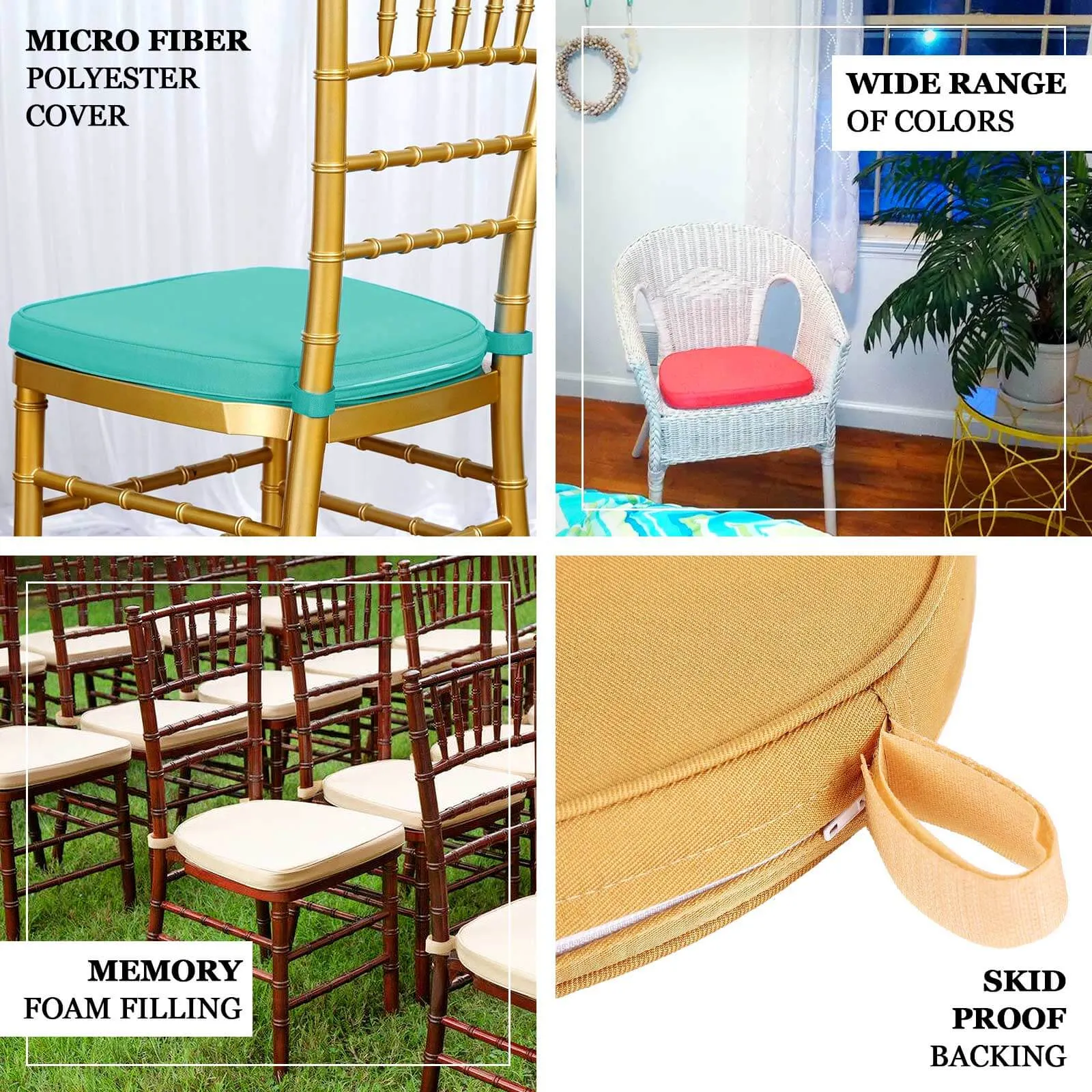 1.5" Thick Champagne Chiavari Chair Pad, Memory Foam Seat Cushion With Ties and Removable Cover