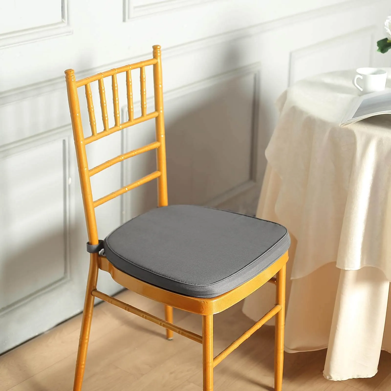 1.5" Thick Charcoal Gray Chiavari Chair Pad, Memory Foam Seat Cushion With Ties and Removable Cover