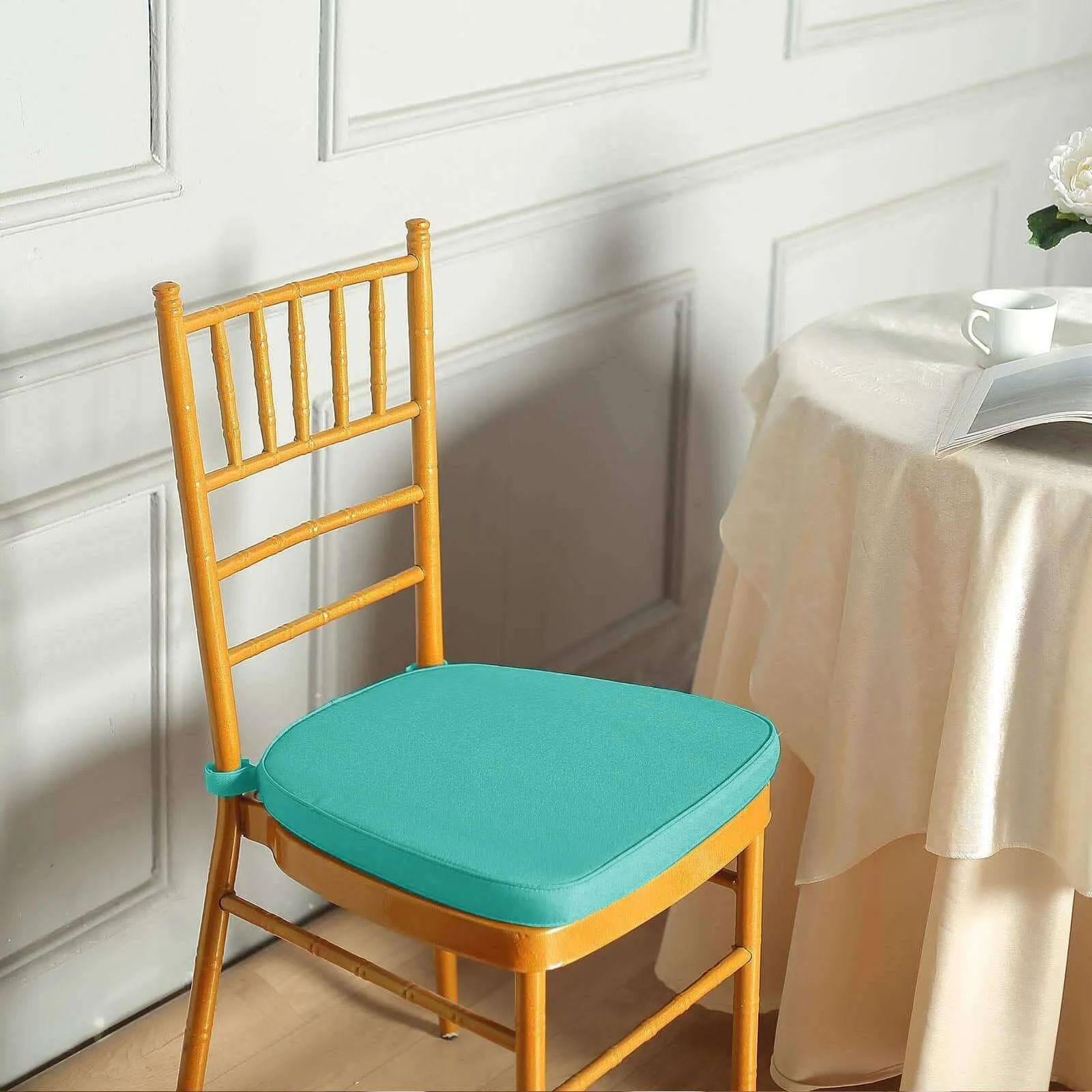 1.5" Thick Turquoise Chiavari Chair Pad, Memory Foam Seat Cushion With Ties and Removable Cover