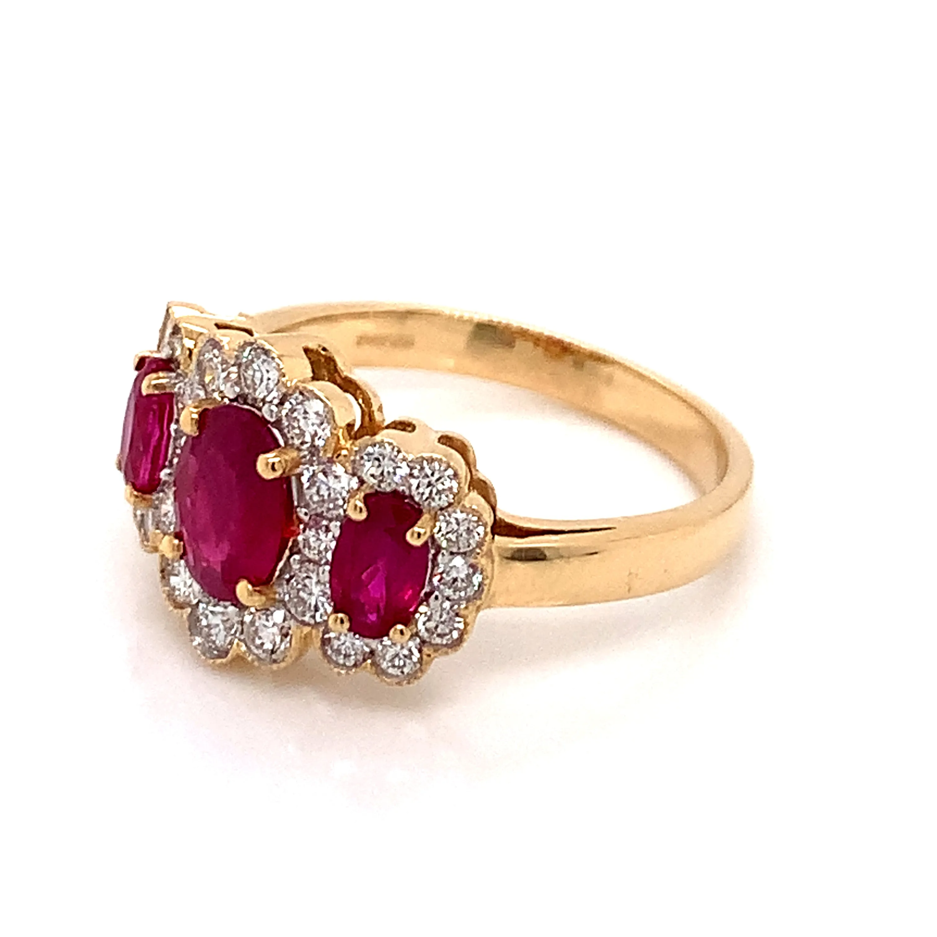 18ct Yellow Gold Vintage Style Three Stone Oval Ruby & Diamond Halo Ring