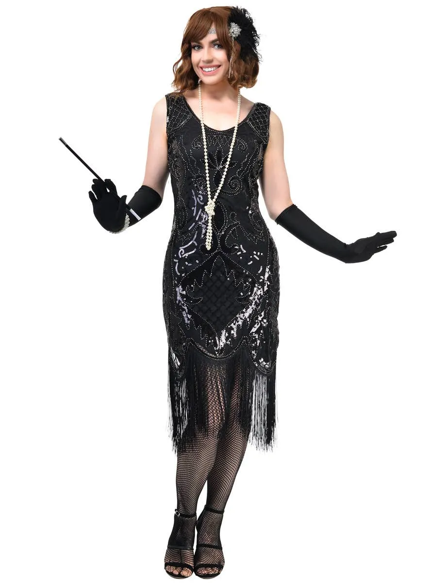 1920s Black Plus Size Gatsby Dress Costume with Sequins and Beads