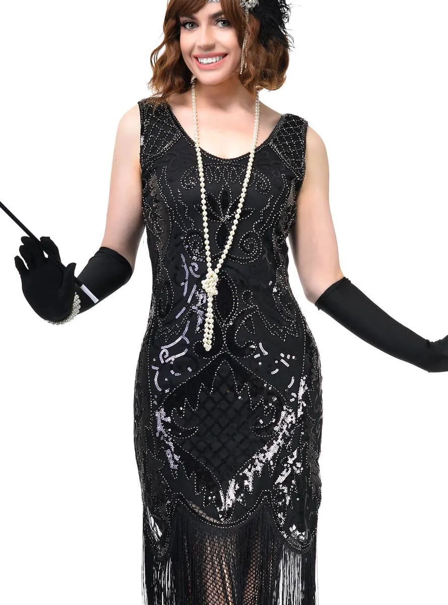 1920s Black Plus Size Gatsby Dress Costume with Sequins and Beads