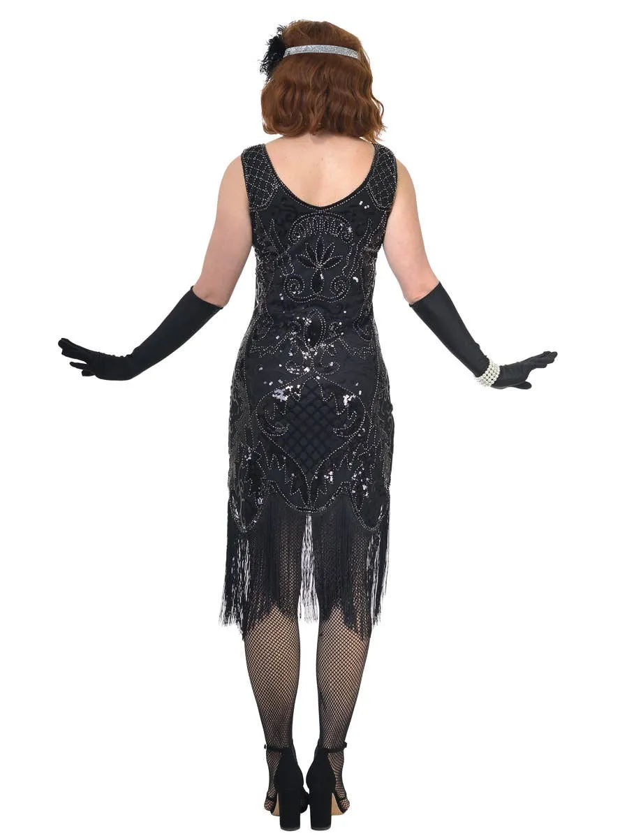 1920s Black Plus Size Gatsby Dress Costume with Sequins and Beads