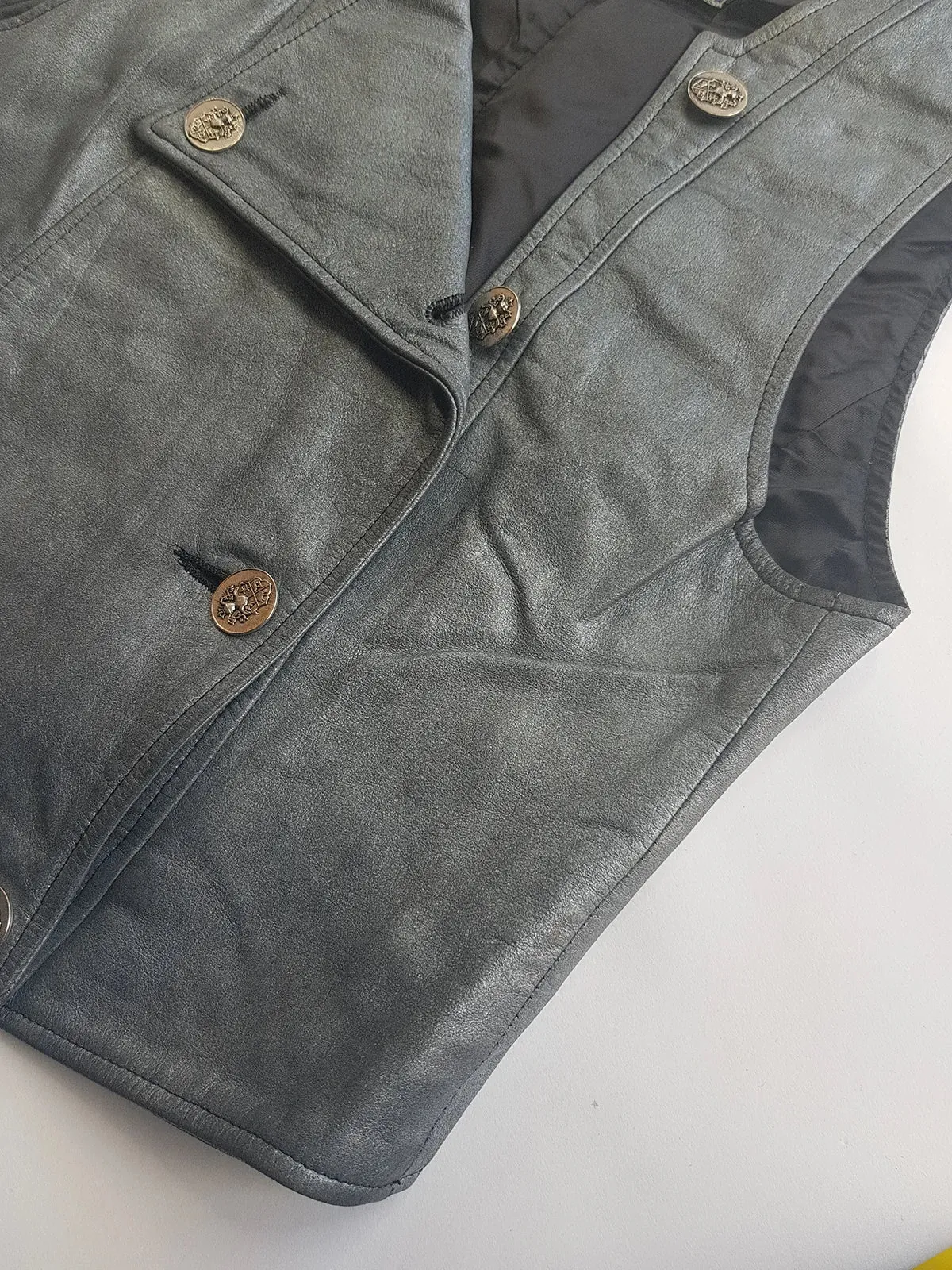 1980s Vintage 100% Genuine Leather Gunmetal Metallic Grey Motorcycle Vest - Metal Hardware - Fully Lined