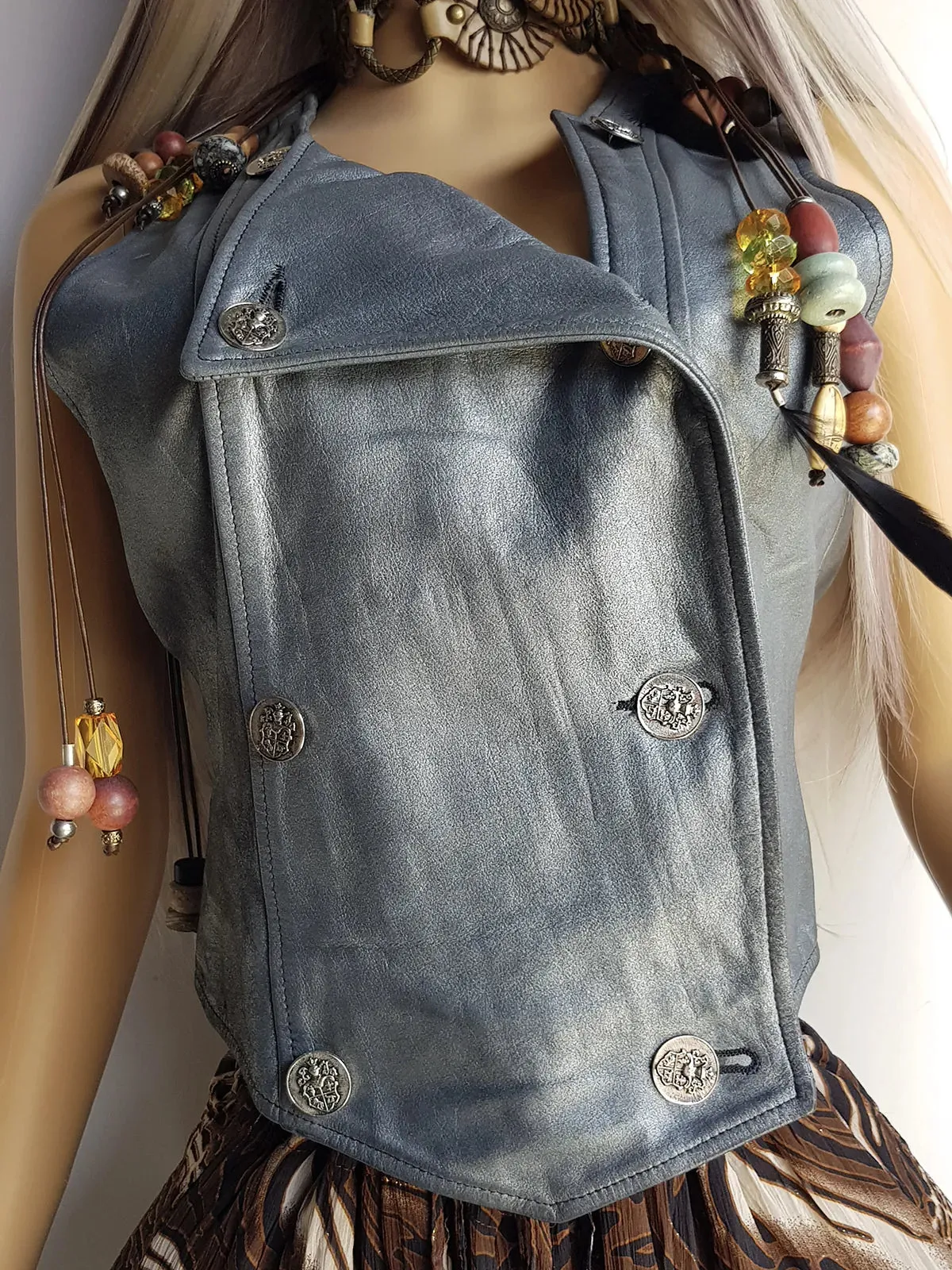 1980s Vintage 100% Genuine Leather Gunmetal Metallic Grey Motorcycle Vest - Metal Hardware - Fully Lined