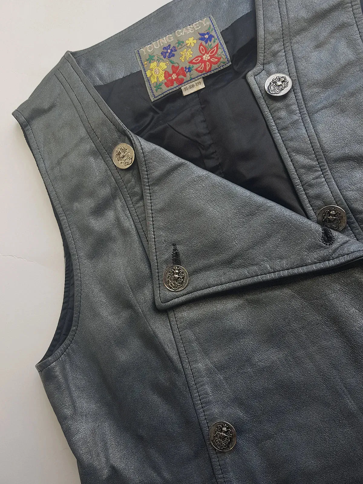 1980s Vintage 100% Genuine Leather Gunmetal Metallic Grey Motorcycle Vest - Metal Hardware - Fully Lined