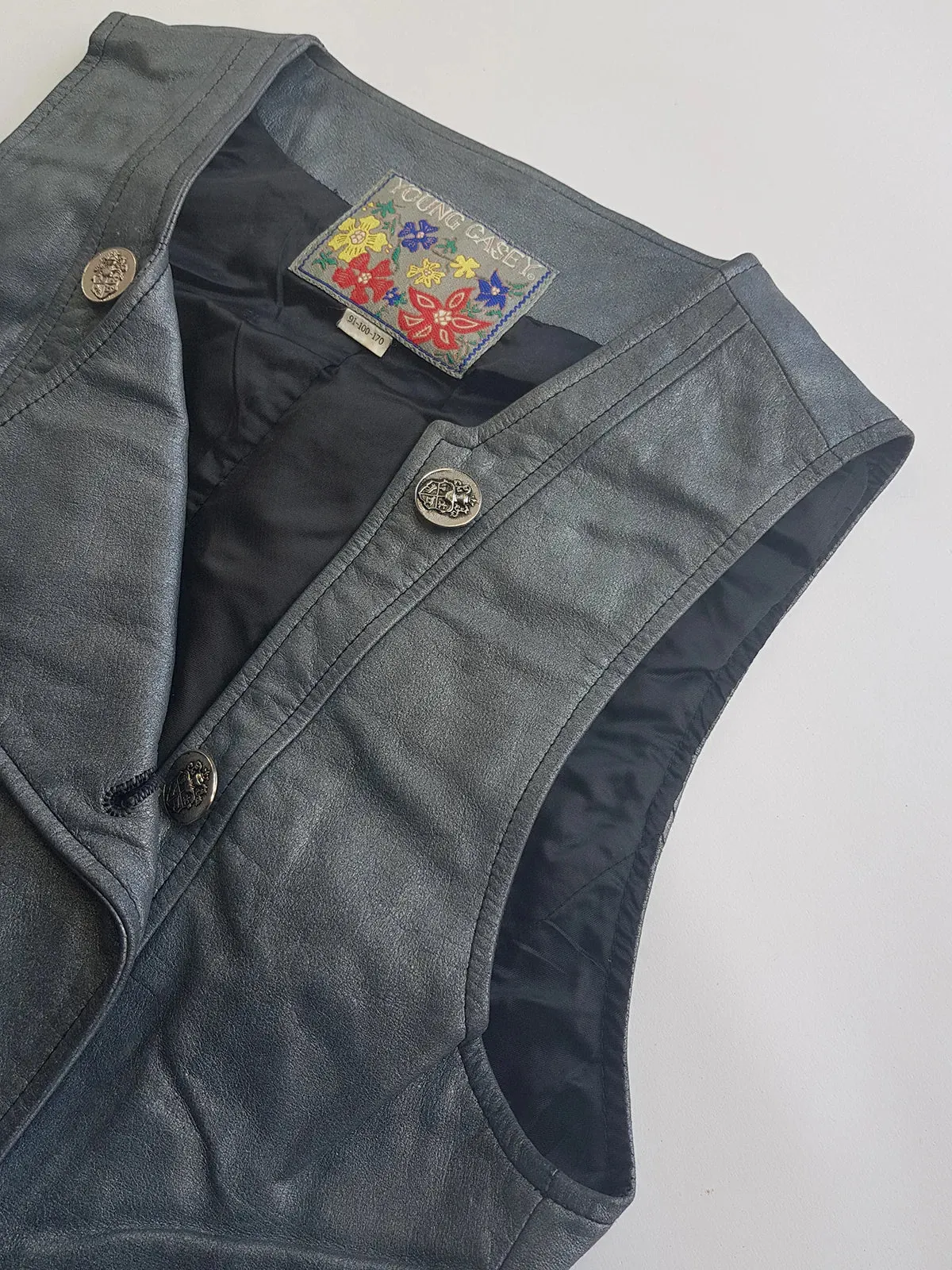 1980s Vintage 100% Genuine Leather Gunmetal Metallic Grey Motorcycle Vest - Metal Hardware - Fully Lined