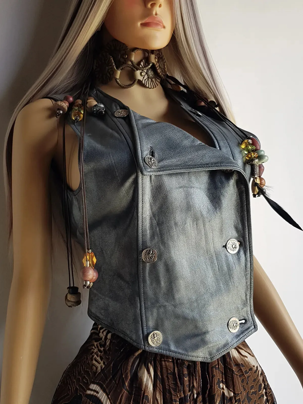 1980s Vintage 100% Genuine Leather Gunmetal Metallic Grey Motorcycle Vest - Metal Hardware - Fully Lined