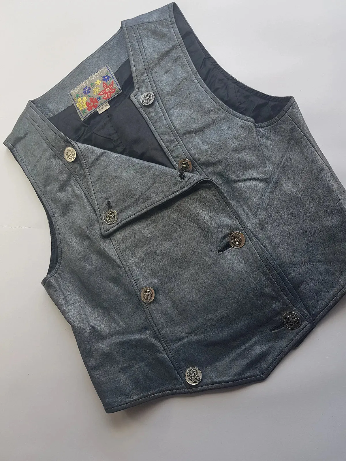 1980s Vintage 100% Genuine Leather Gunmetal Metallic Grey Motorcycle Vest - Metal Hardware - Fully Lined