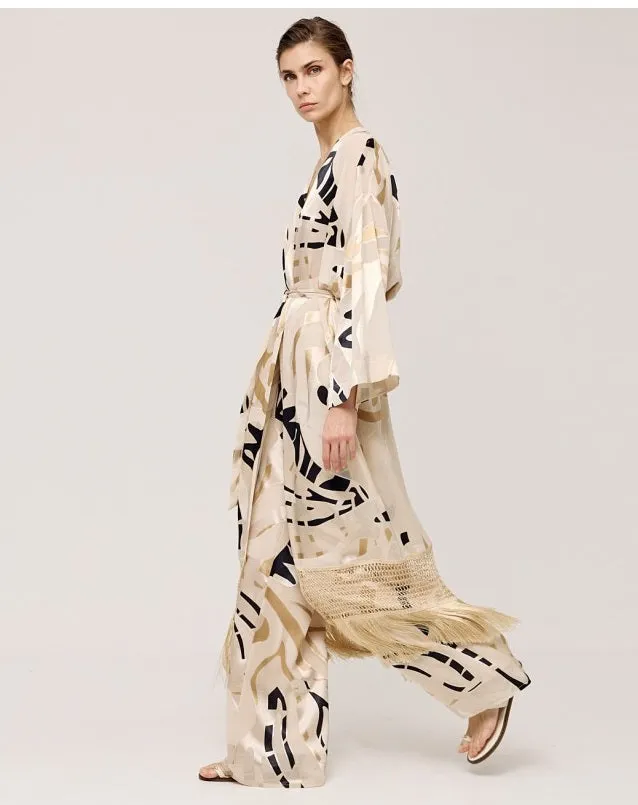 Access Abstract Print Jacket With Fringes Sand