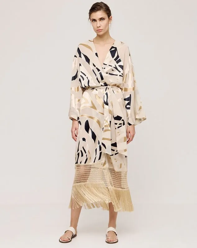 Access Abstract Print Jacket With Fringes Sand