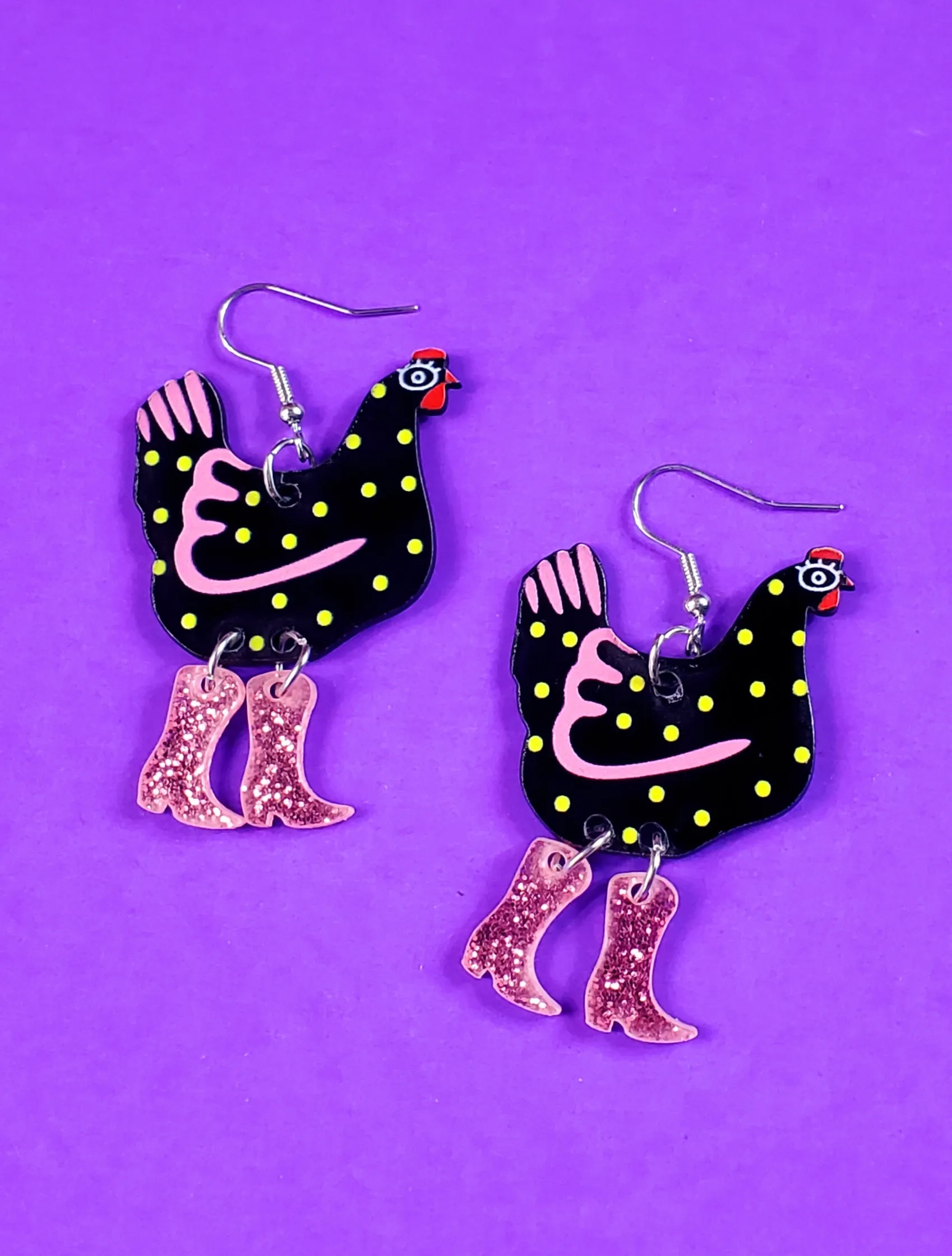 Acrylic Chicken in Boots Dangle Earrings - Black