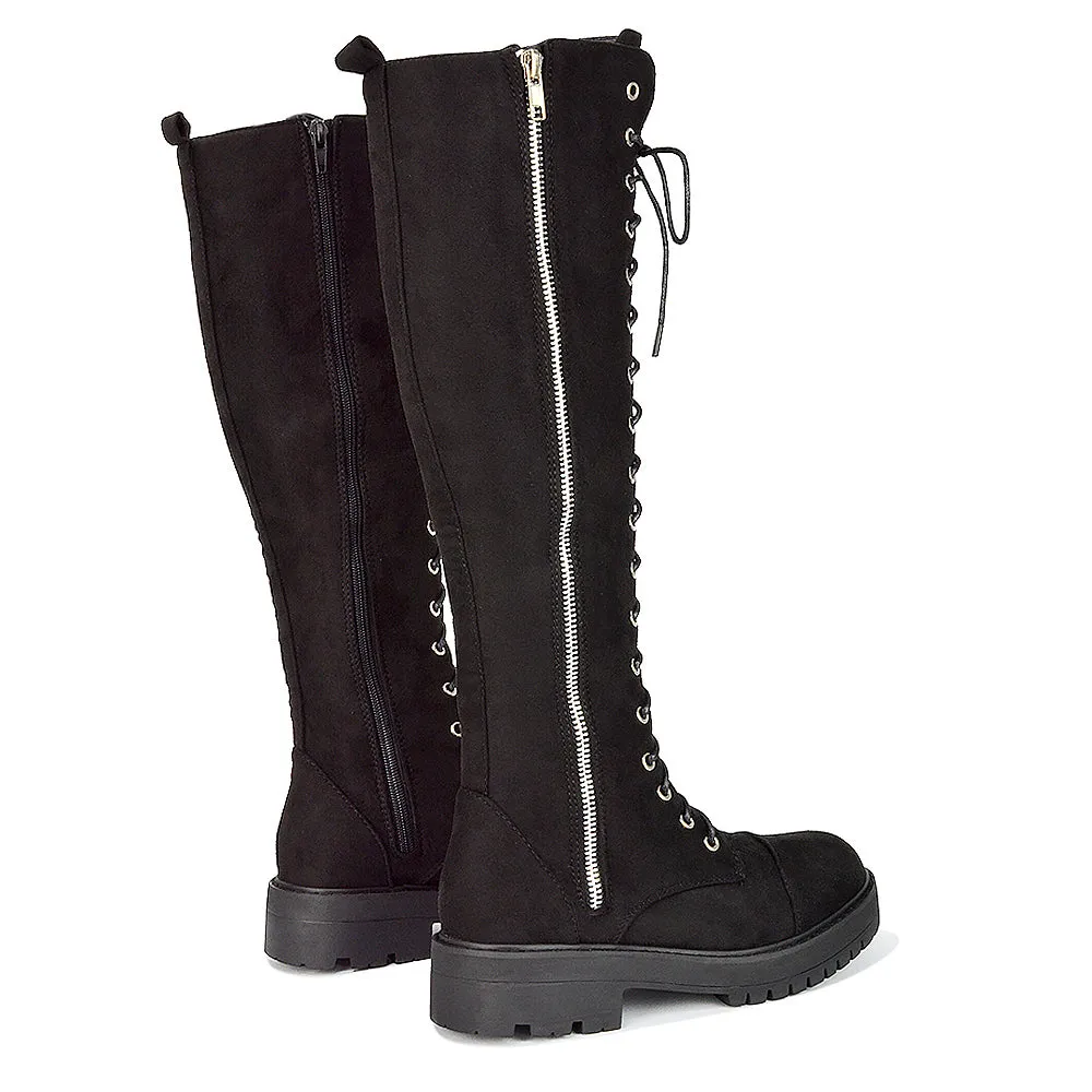 Ada Lace Up Knee High Boots Vegan Friendly With Deco Zip In Black Faux Suede