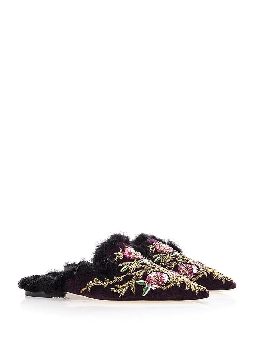 Alberta Ferretti Embroidered Velvet Slippers