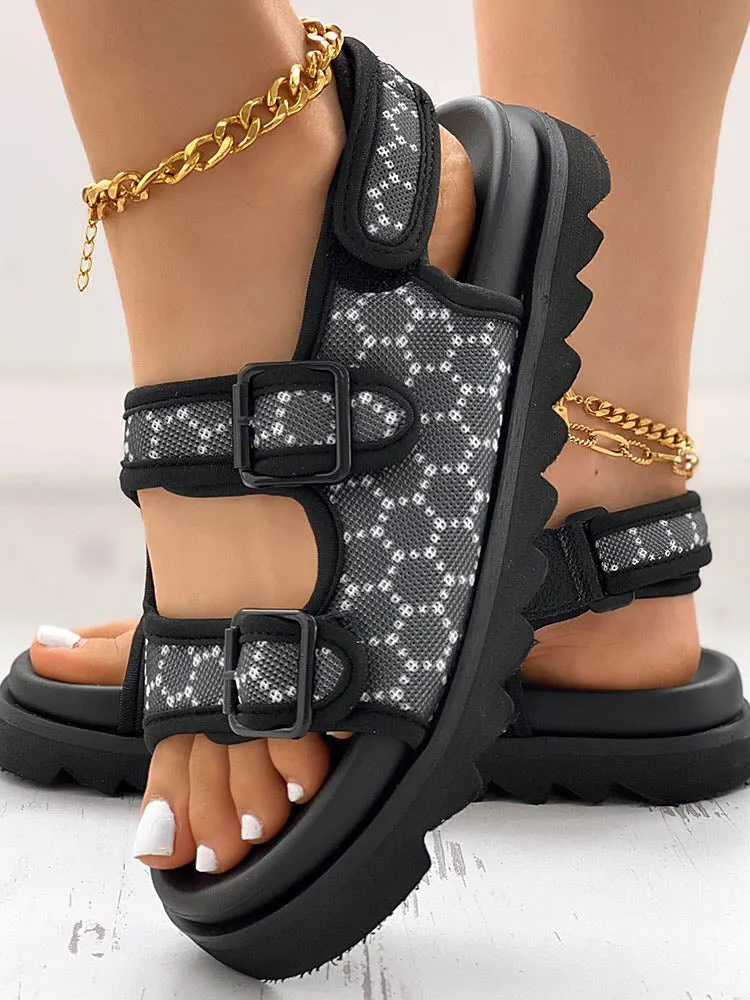 Amozae-Double Buckle Strap Diamante Flat Sandal