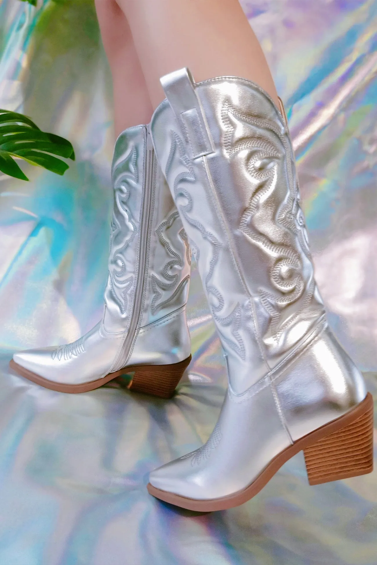 Amozae-Metallic Square Toe Knee High Cowboy Boots