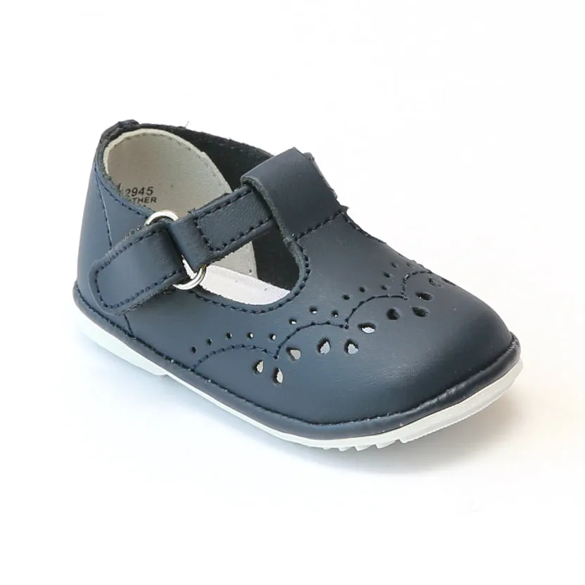 Angel Baby Girls Navy Leather T-Strap Mary Janes