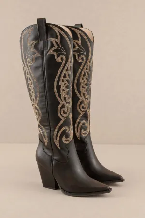 Astrid Knee High Cowboy Boots: Black/Brown