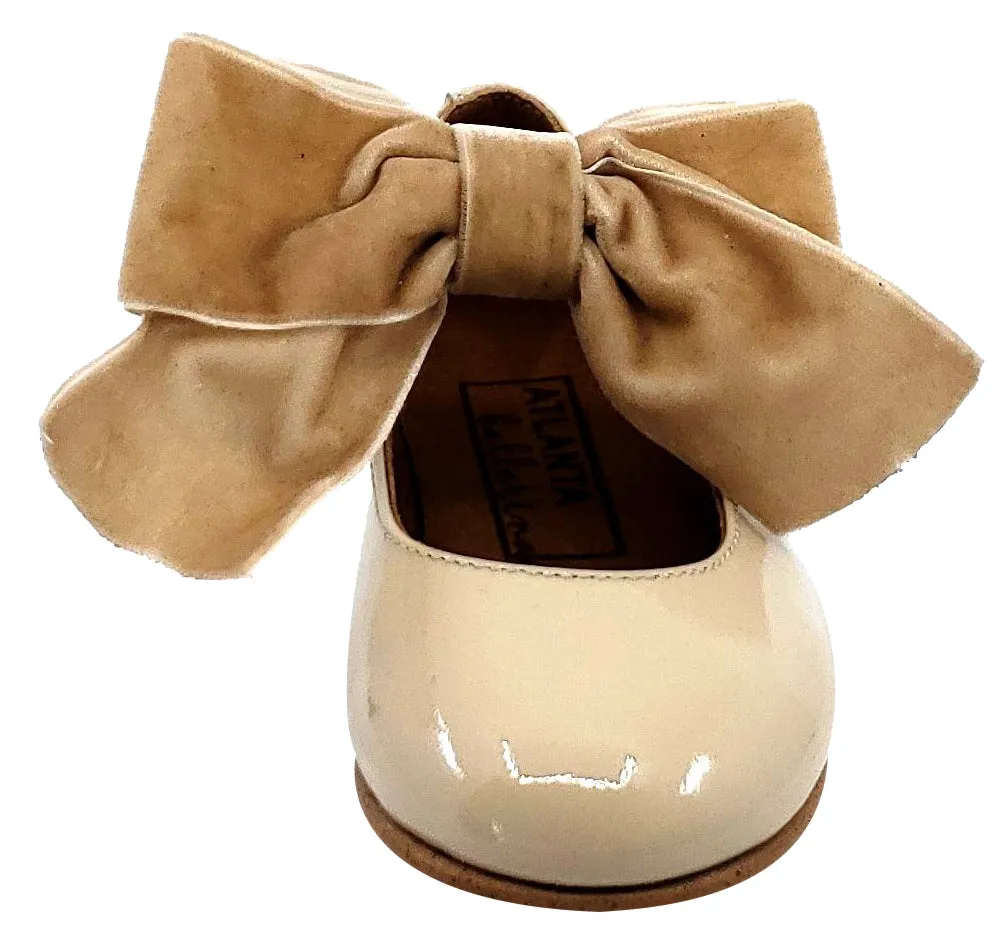 Atlanta Mocassin Girl's Snap Closure Velvet Bow Mary Jane, Taupe Sand