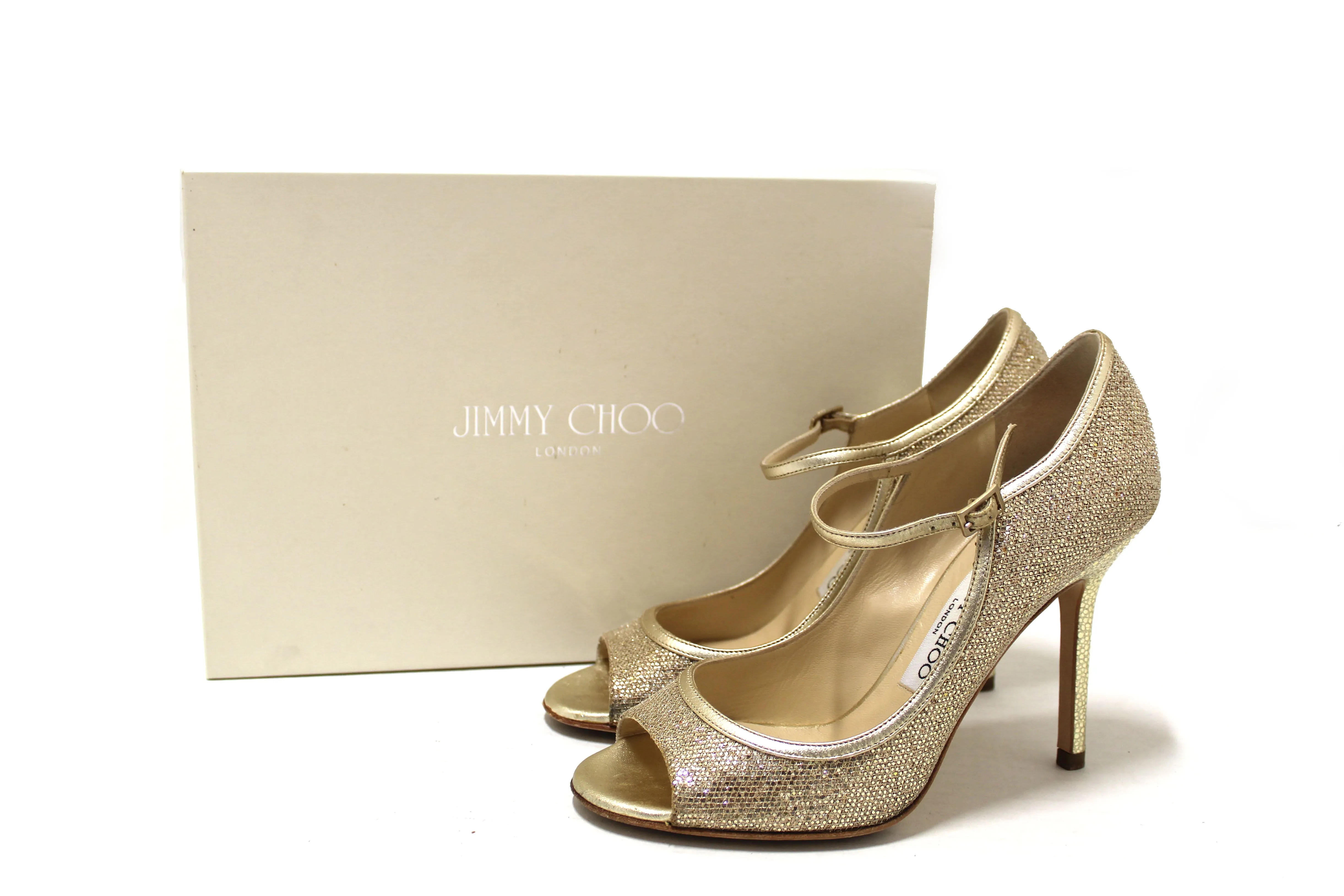 Authentic Jimmy Choo Champagne Gold Glitter Fabric Pump Heel Sandal Size 36.5