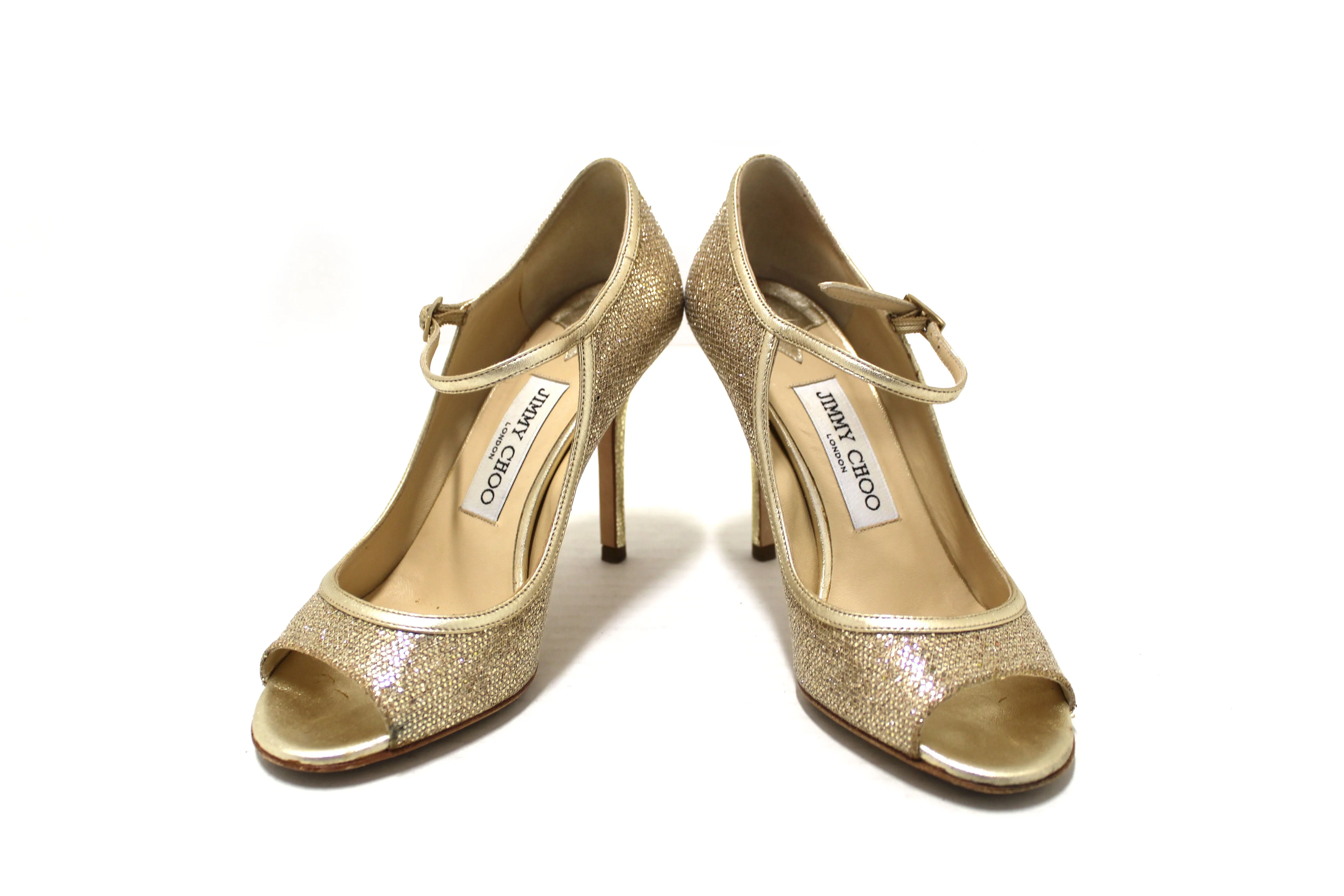 Authentic Jimmy Choo Champagne Gold Glitter Fabric Pump Heel Sandal Size 36.5