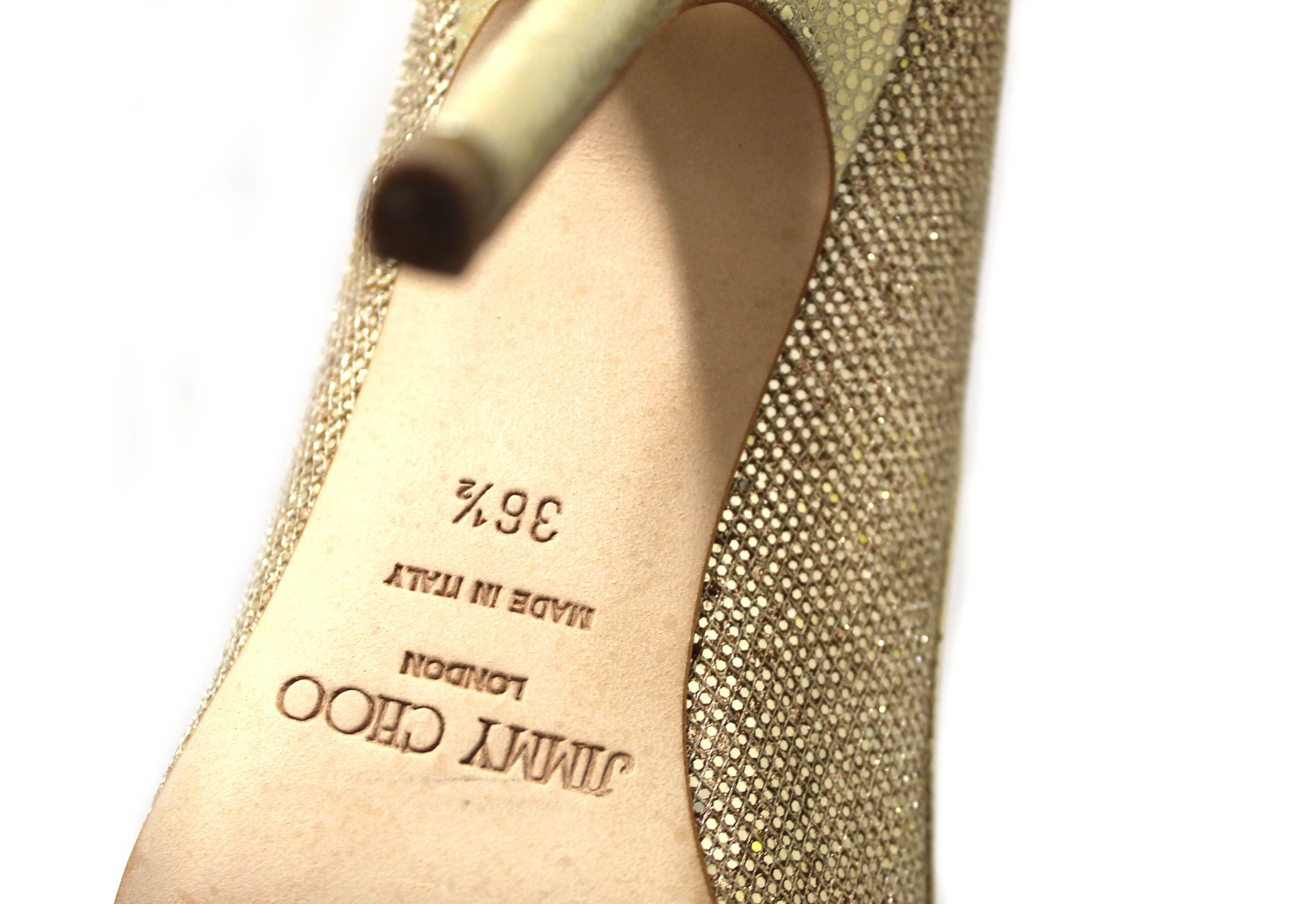 Authentic Jimmy Choo Champagne Gold Glitter Fabric Pump Heel Sandal Size 36.5