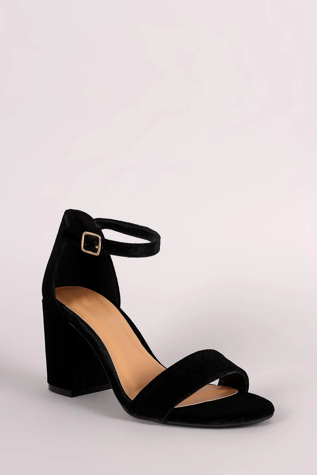 Bamboo Velvet Open Toe Ankle Strap Chunky Heel