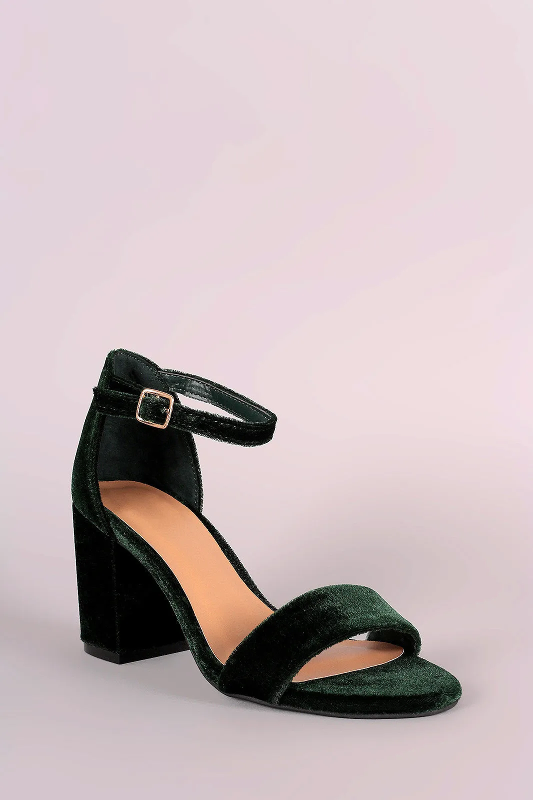 Bamboo Velvet Open Toe Ankle Strap Chunky Heel