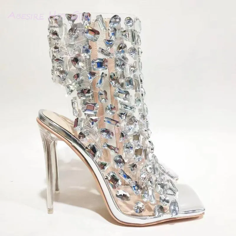 Beautiful Rhinestone Crystal Diamante Peeptoe Ankle Booties