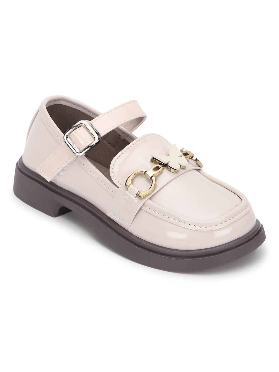 Beige Patent Stylish Velcro Loafers For Kids-Girls (TC-RS3636-BEIG)