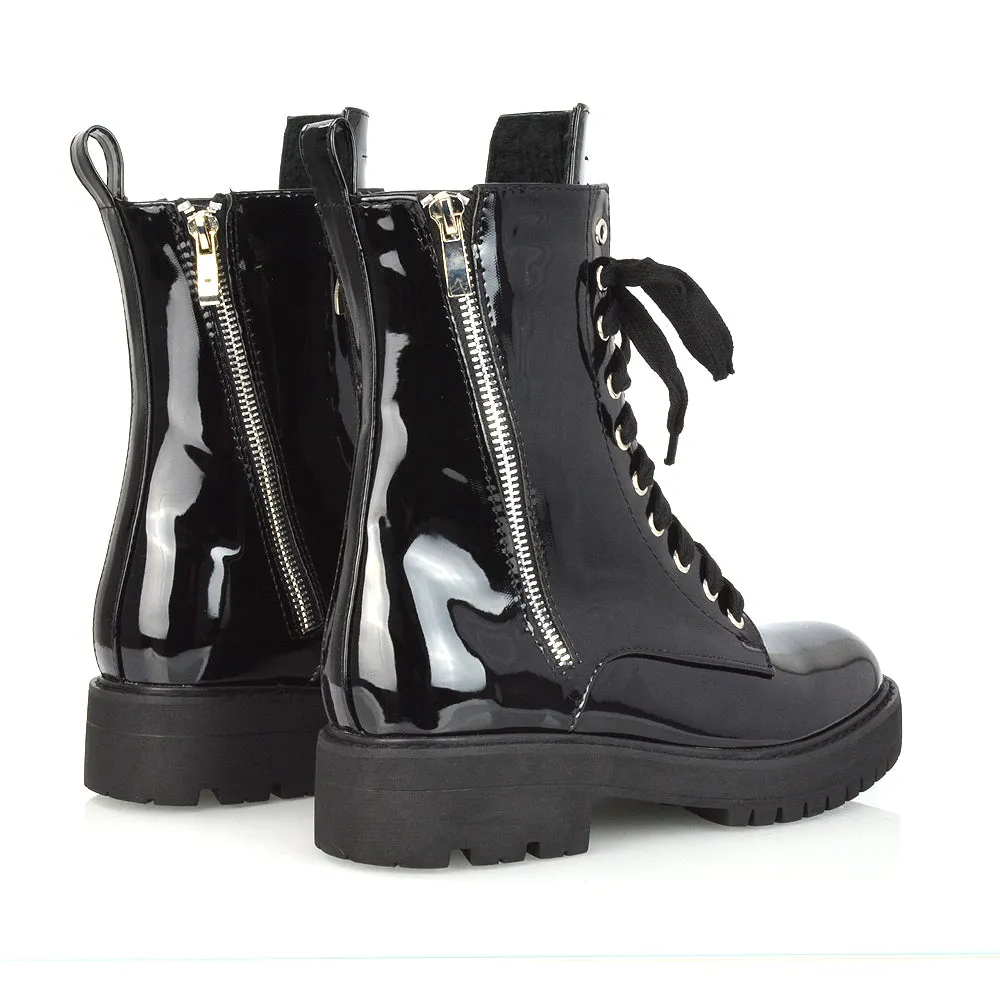 Bianca Flat Combat Lace up Chunky Military Biker Ankle Boots in Black Patent