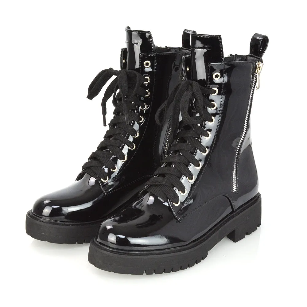 Bianca Flat Combat Lace up Chunky Military Biker Ankle Boots in Black Patent