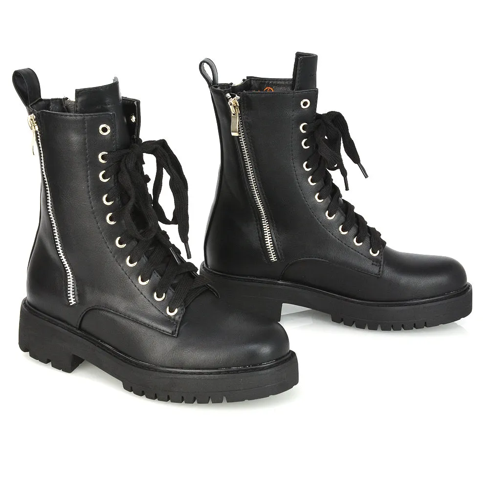 Bianca Flat Combat Lace up Chunky Military Biker Ankle Boots in Black Patent