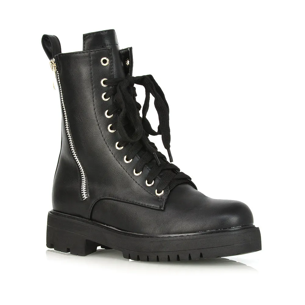 Bianca Flat Combat Lace up Chunky Military Biker Ankle Boots in Black Patent