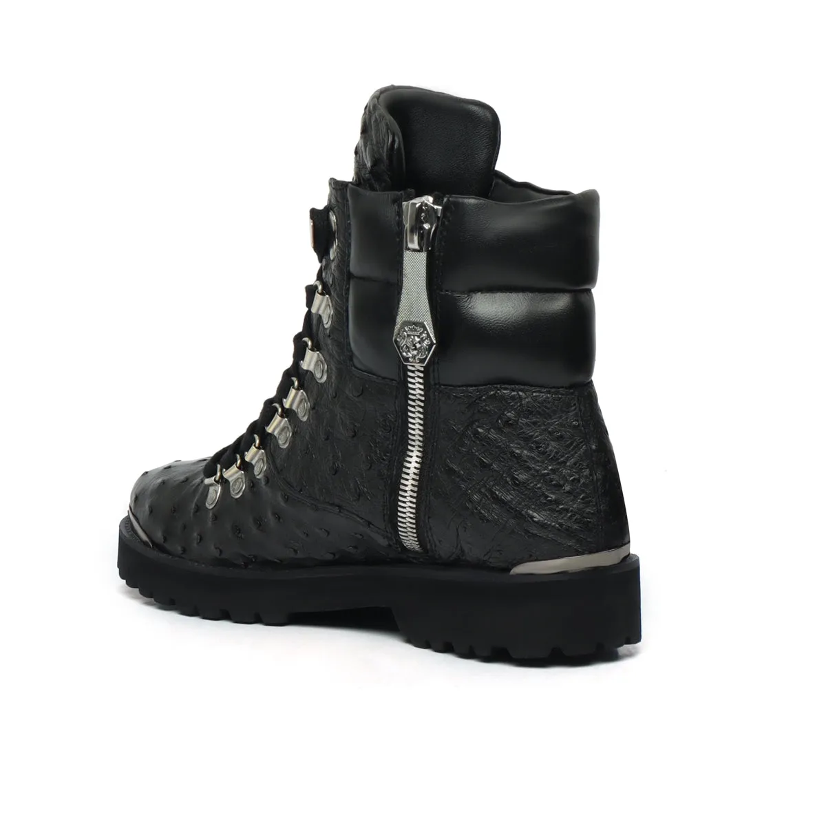 Black Biker Boots in Premium Authentic Ostrich Leather