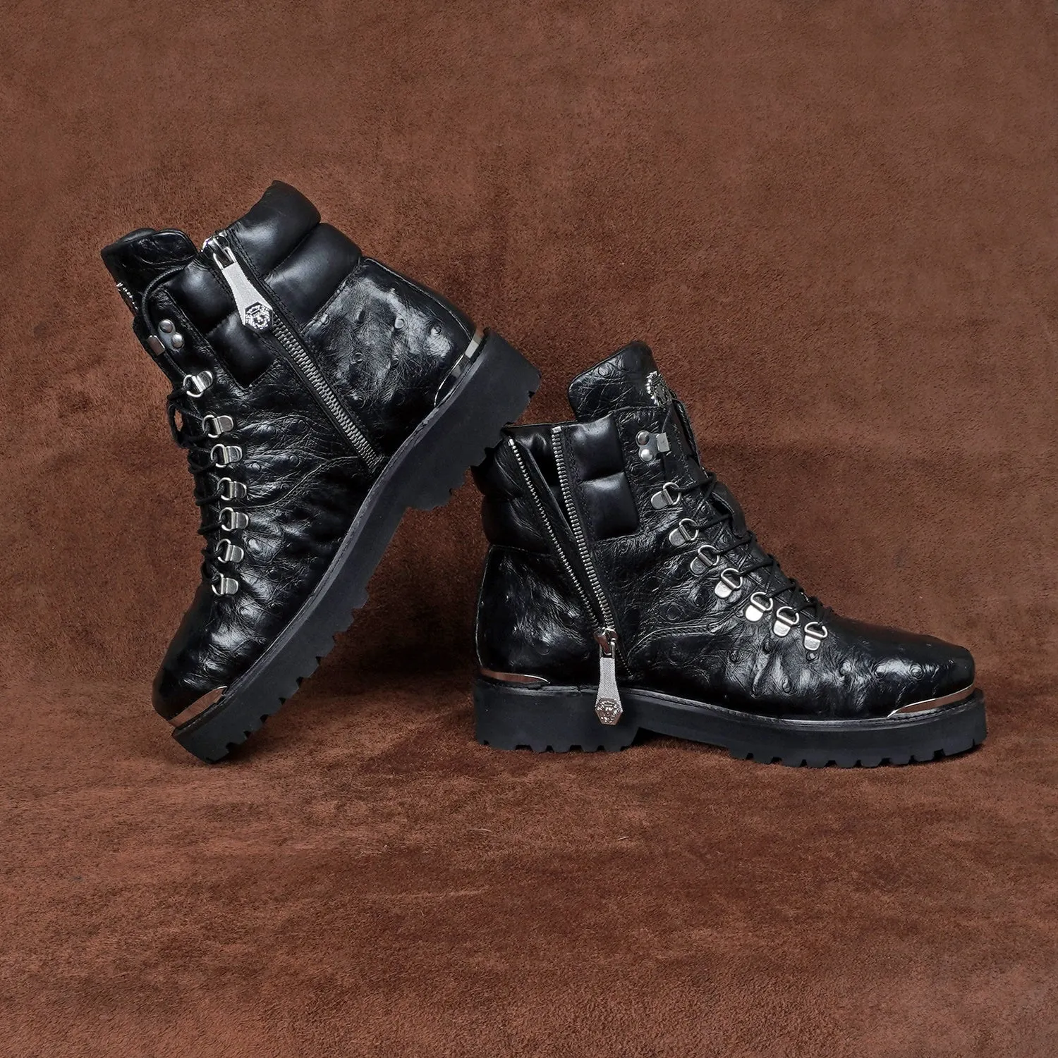 Black Biker Boots in Premium Authentic Ostrich Leather