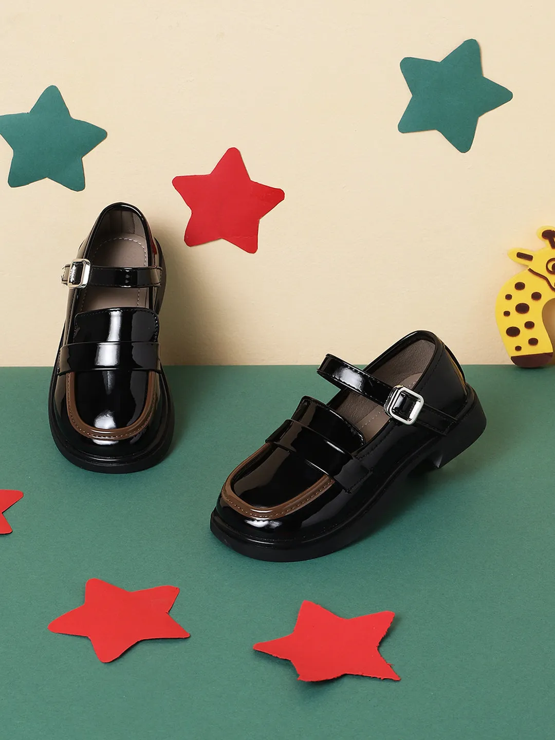 Black Patent Stylish Velcro Loafers For Kids-Unisex (TC-RS3635-BLK)