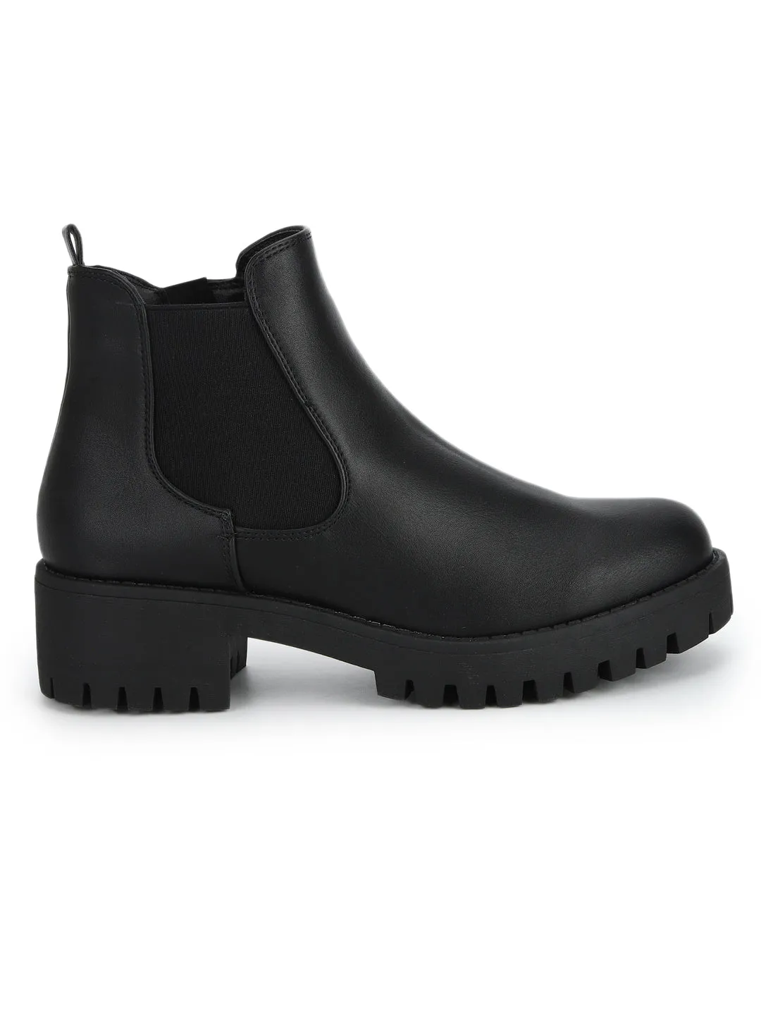 Black PU Elasticated Low Block Heel Ankle Boots