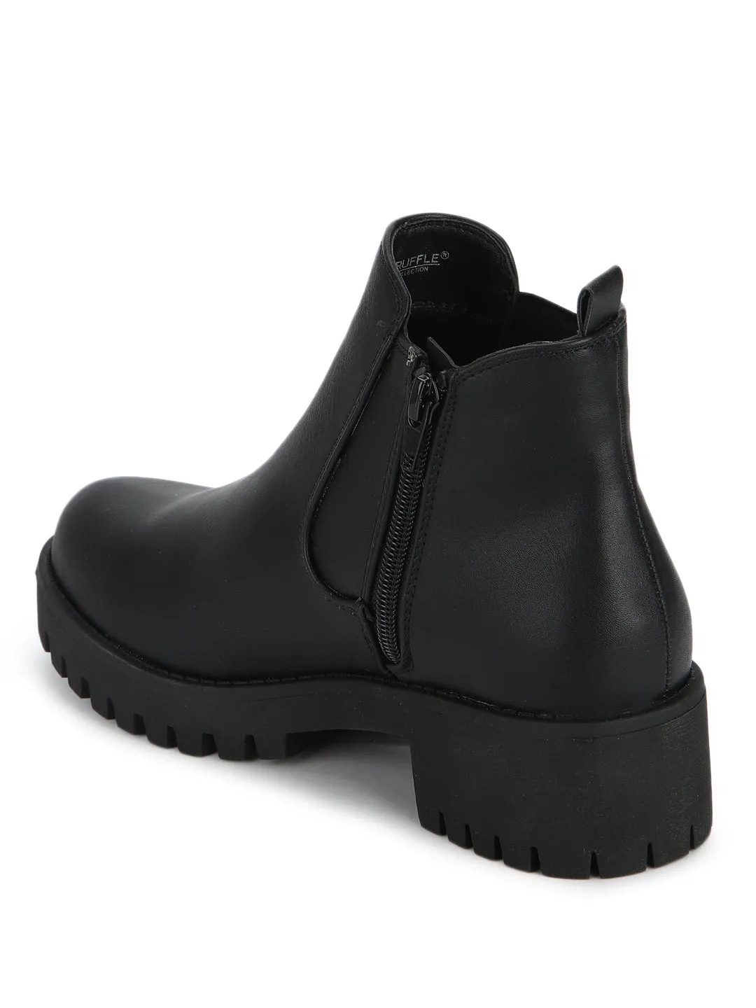 Black PU Elasticated Low Block Heel Ankle Boots