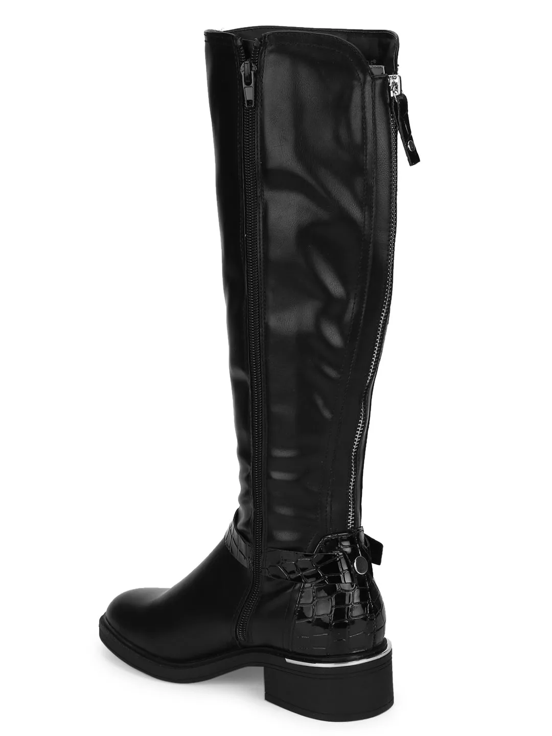 Black PU Side Buckle Back Zip Riding Knee Boots