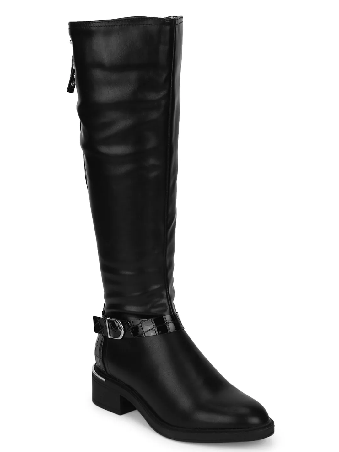 Black PU Side Buckle Back Zip Riding Knee Boots