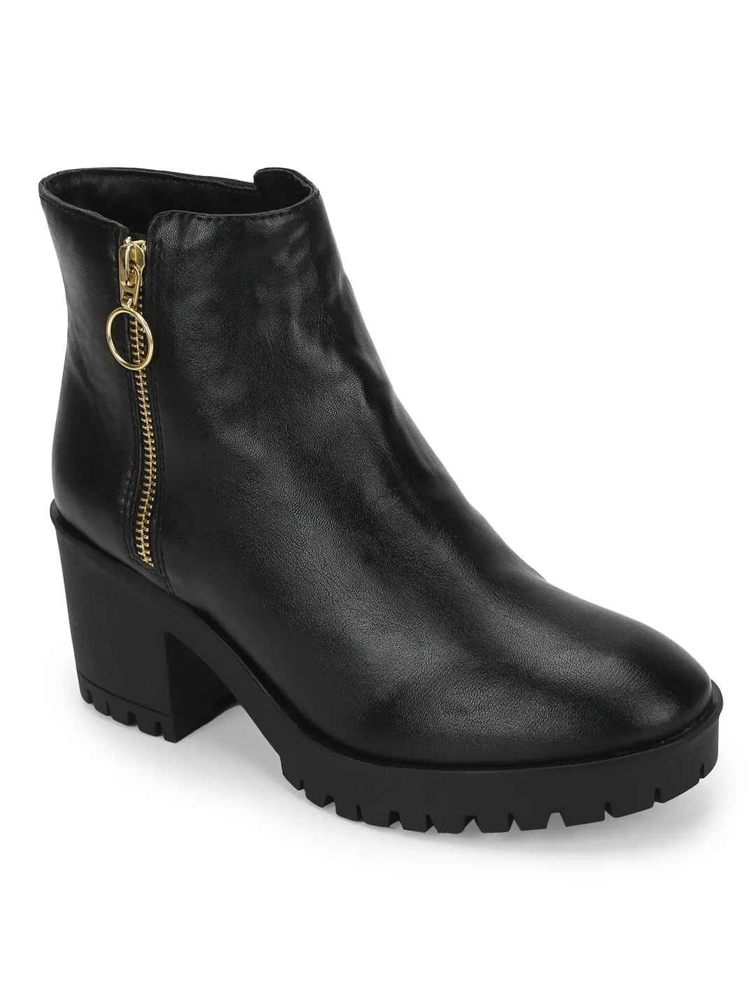 Black PU Zip Up Block Heel Ankle Boots (TC-ST-1200-BLKPU)