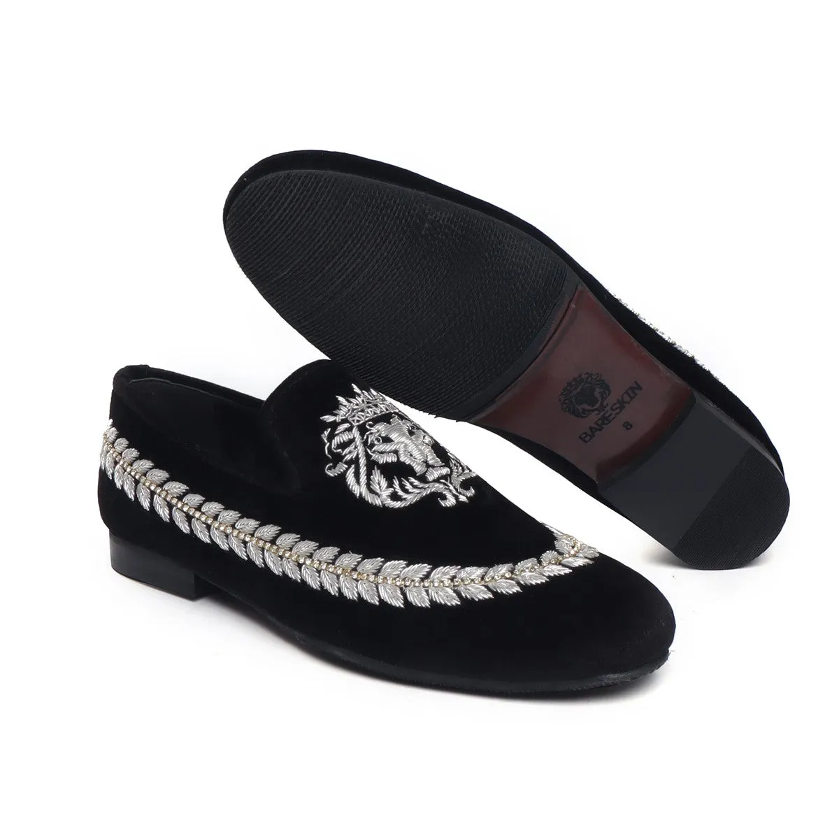 Black Slip-On Shoes with Hand Zardosi Silver Lion Stem Design