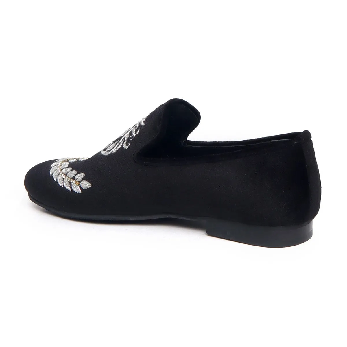 Black Slip-On Shoes with Hand Zardosi Silver Lion Stem Design