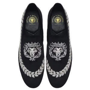 Black Slip-On Shoes with Hand Zardosi Silver Lion Stem Design