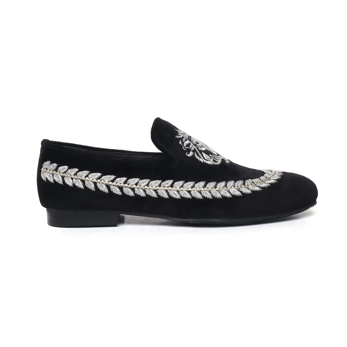 Black Slip-On Shoes with Hand Zardosi Silver Lion Stem Design