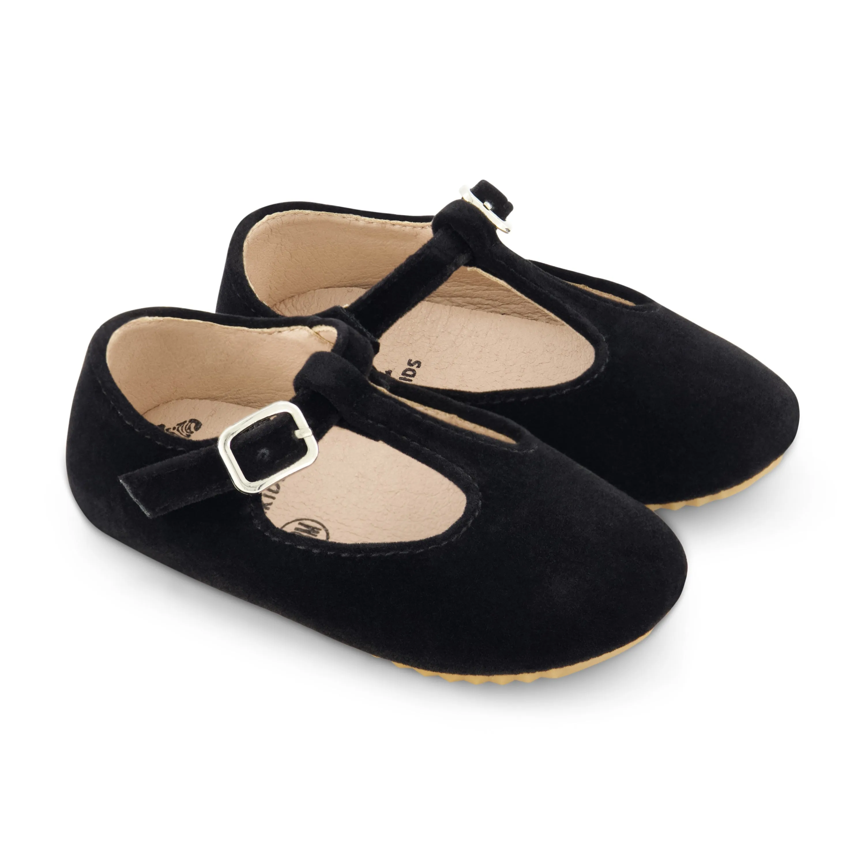 Black Velvet Classic T-Strap Rubber Sole